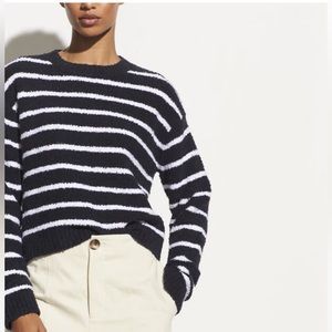 Vince Striped Waffle Stitch Crew Sweater in Coastal/Optic White. Medium.